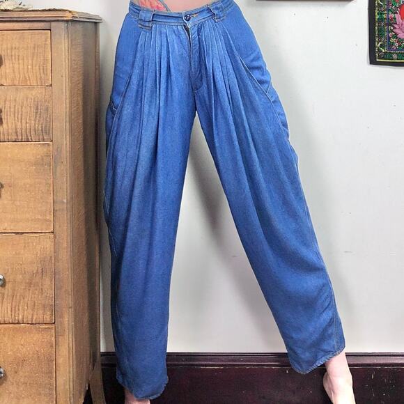 Vintage Pleated Baggy Jeans, High Waisted Tapered Leg Denim Trousers Sz S - Picture 2 of 10